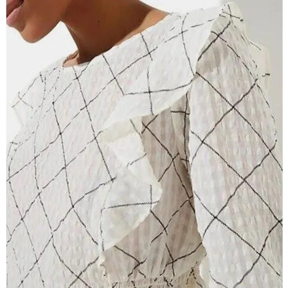 Loft cream/ivory Plaid Ruffle Blouse size large NWT - Picture 2 of 10